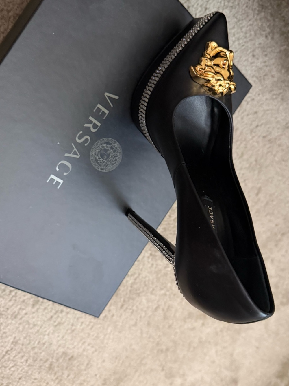 Versace Black Leather Stiletto Pump with Gold Medusa Accent